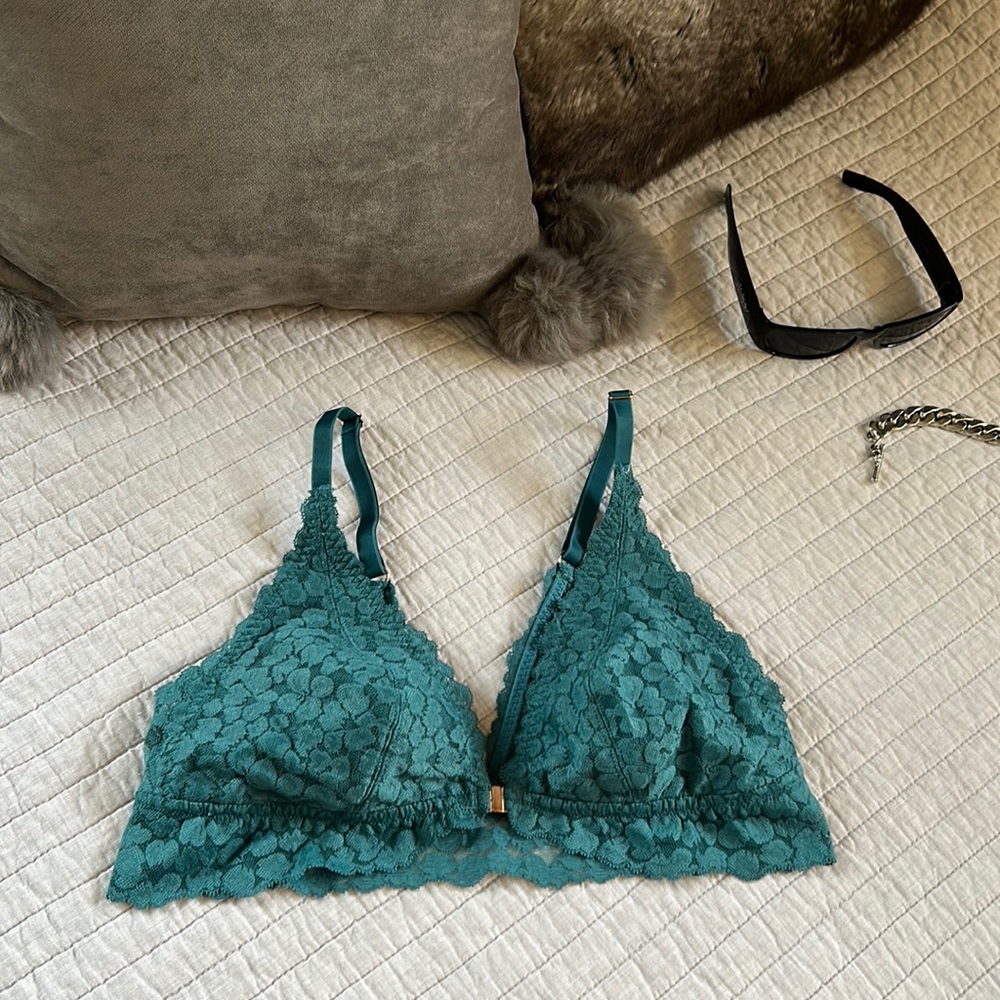 Aerie teal blue green lace animal print floral bra bralette large snap front